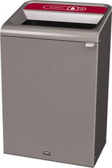 Rubbermaid - 33 Gal Gray Rectangle Decorative Indoor Single Stream Waste Receptacle - Metal, Plastic Graphic, 37.965" High x 24.051" Long x 19-1/2" Wide, Lid Included - Caliber Tooling