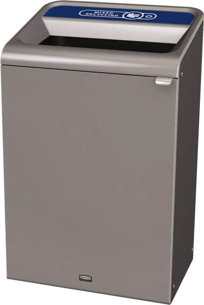 Rubbermaid - 33 Gal Gray Rectangle Decorative Indoor Single Stream Waste Receptacle - Metal, Mixed Recycling Graphic, 37.965" High x 24.051" Long x 19-1/2" Wide, Lid Included - Caliber Tooling