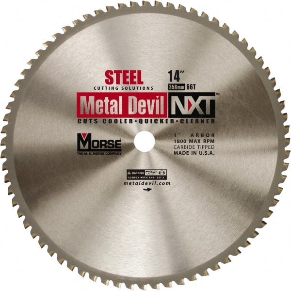 Wet & Dry Cut Saw Blade: 14″ Dia, 1″ Arbor Hole, 0.095″ Kerf Width, 66 Teeth Solid Carbide Teeth, Use on Steel, Round Arbor