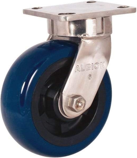 Albion - 5" Diam x 2" Wide x 6-1/2" OAH Top Plate Mount Swivel Caster - Polyurethane Mold on Polypropylene, 900 Lb Capacity, Delrin Bearing, 4 x 4-1/2" Plate - Caliber Tooling