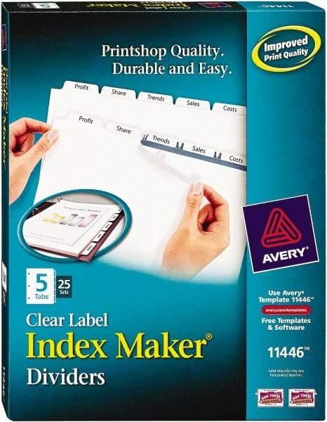 AVERY - 11 x 8-1/2" 5 Tabs, Three Hole Clear Plastic Reinforced Binder Holes, Tab Divider - Clear Tabs, White Folder - Caliber Tooling