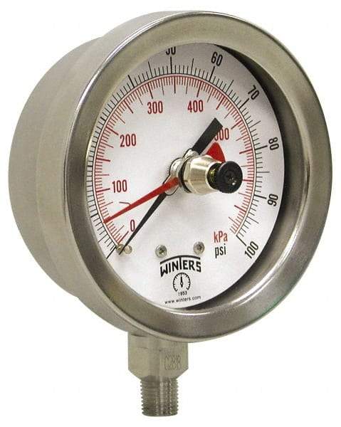 Winters - 2-1/2" Dial, 1/4 Thread, 0-60 Scale Range, Pressure Gauge - Lower Connection Mount, Accurate to 1% of Scale - Caliber Tooling