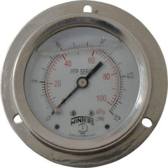 Winters - 2-1/2" Dial, 1/4 Thread, 0-15 Scale Range, Pressure Gauge - Front Flange Panel Mount, Center Back Connection Mount, Accurate to 1.6% of Scale - Caliber Tooling