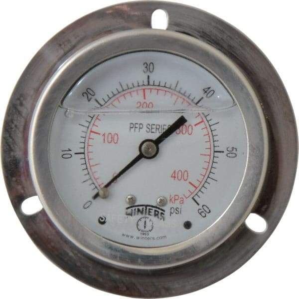 Winters - 2-1/2" Dial, 1/4 Thread, 0-60 Scale Range, Pressure Gauge - Front Flange Panel Mount, Center Back Connection Mount, Accurate to 1.6% of Scale - Caliber Tooling