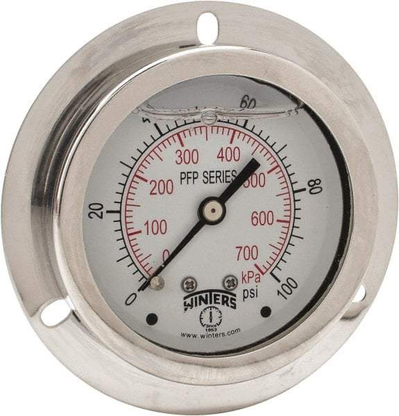 Winters - 2-1/2" Dial, 1/4 Thread, 0-100 Scale Range, Pressure Gauge - Front Flange Panel Mount, Center Back Connection Mount, Accurate to 1.6% of Scale - Caliber Tooling