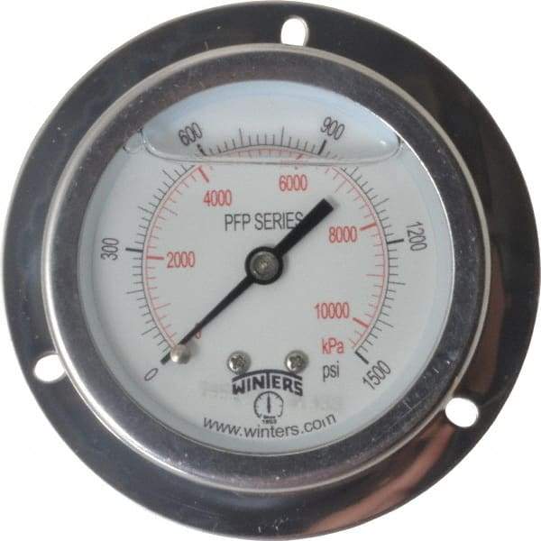 Winters - 2-1/2" Dial, 1/4 Thread, 0-1,500 Scale Range, Pressure Gauge - Front Flange Panel Mount, Center Back Connection Mount, Accurate to 1.6% of Scale - Caliber Tooling