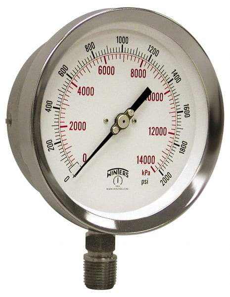 Winters - 4" Dial, 1/4 Thread, 0-400 Scale Range, Pressure Gauge - Lower Connection Mount, Accurate to 1% of Scale - Caliber Tooling