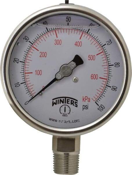 Winters - 4" Dial, 1/2 Thread, 0-100 Scale Range, Pressure Gauge - Lower Connection Mount, Accurate to 1% of Scale - Caliber Tooling