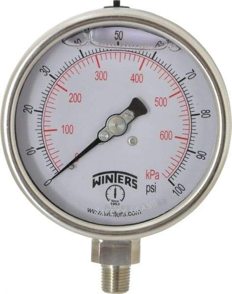 Winters - 4" Dial, 1/4 Thread, 0-100 Scale Range, Pressure Gauge - Lower Connection Mount, Accurate to 1% of Scale - Caliber Tooling