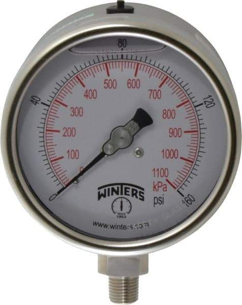 Winters - 4" Dial, 1/4 Thread, 0-160 Scale Range, Pressure Gauge - Lower Connection Mount, Accurate to 1% of Scale - Caliber Tooling