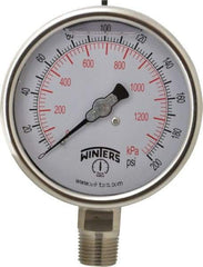 Winters - 4" Dial, 1/2 Thread, 0-200 Scale Range, Pressure Gauge - Lower Connection Mount, Accurate to 1% of Scale - Caliber Tooling