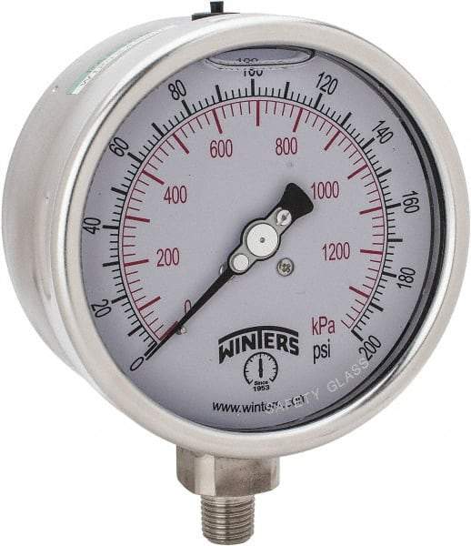 Winters - 4" Dial, 1/4 Thread, 0-200 Scale Range, Pressure Gauge - Lower Connection Mount, Accurate to 1% of Scale - Caliber Tooling