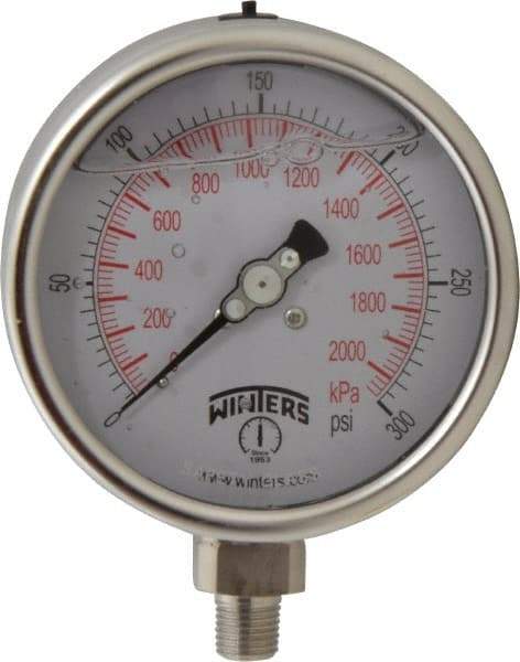 Winters - 4" Dial, 1/4 Thread, 0-300 Scale Range, Pressure Gauge - Lower Connection Mount, Accurate to 1% of Scale - Caliber Tooling