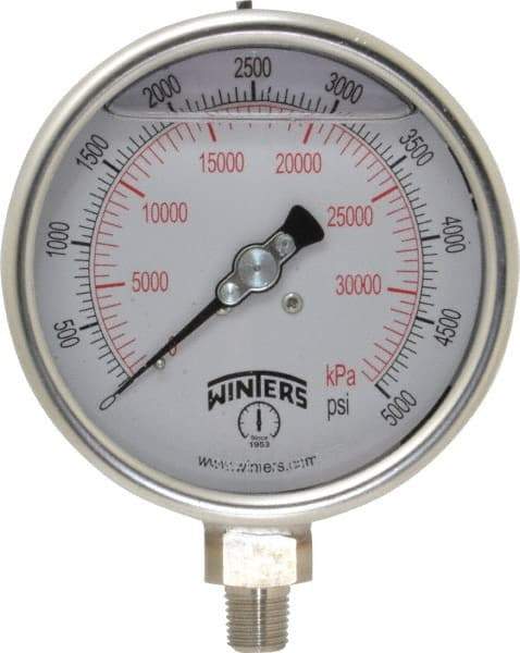 Winters - 4" Dial, 1/4 Thread, 0-5,000 Scale Range, Pressure Gauge - Lower Connection Mount, Accurate to 1% of Scale - Caliber Tooling