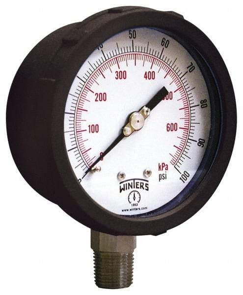 Winters - 4" Dial, 1/4 Thread, 30-0-100 Scale Range, Pressure Gauge - Lower Connection Mount, Accurate to 1% of Scale - Caliber Tooling