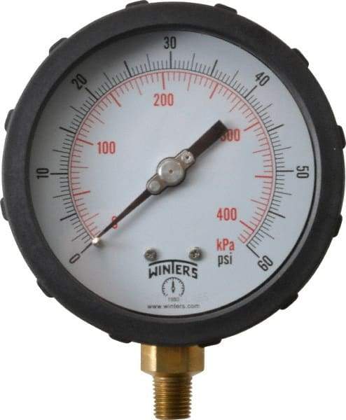 Winters - 4" Dial, 1/4 Thread, 0-60 Scale Range, Pressure Gauge - Lower Connection Mount, Accurate to 1% of Scale - Caliber Tooling