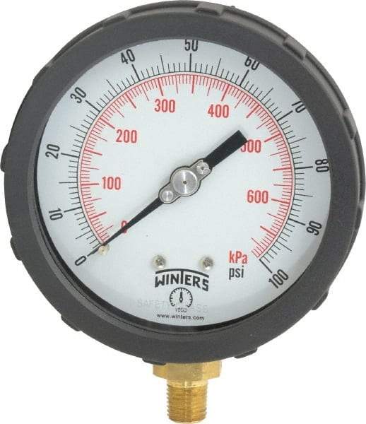 Winters - 4" Dial, 1/4 Thread, 0-100 Scale Range, Pressure Gauge - Lower Connection Mount, Accurate to 1% of Scale - Caliber Tooling