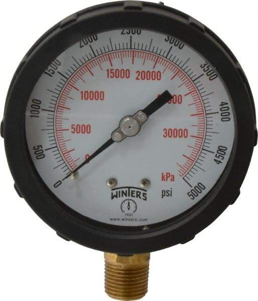 Winters - 4" Dial, 1/2 Thread, 0-5,000 Scale Range, Pressure Gauge - Lower Connection Mount, Accurate to 1% of Scale - Caliber Tooling