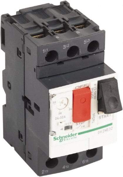 Schneider Electric - 32 Amp, 690 VAC at 50/60 Hz, 3 Pole, Bolt On, Clip Motor Circuit Breaker - Thermal Magnetic Trip, Multiple Breaking Capacity Ratings, 78mm Deep x 89mm High x 45mm Wide - Caliber Tooling