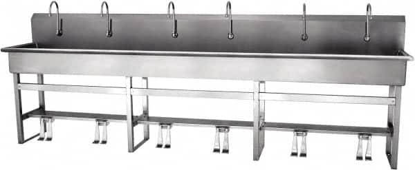 SANI-LAV - 117" Long x 16-1/2" Wide Inside, 1 Compartment, Grade 304 Stainless Steel Hands Free Hand Sink - 16 Gauge, 120" Long x 20" Wide x 45" High Outside, 8" Deep - Caliber Tooling