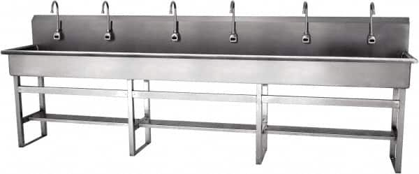 SANI-LAV - 117" Long x 16-1/2" Wide Inside, 1 Compartment, Grade 304 Stainless Steel Hands Free Hand Sink - 16 Gauge, 120" Long x 20" Wide x 45" High Outside, 8" Deep - Caliber Tooling