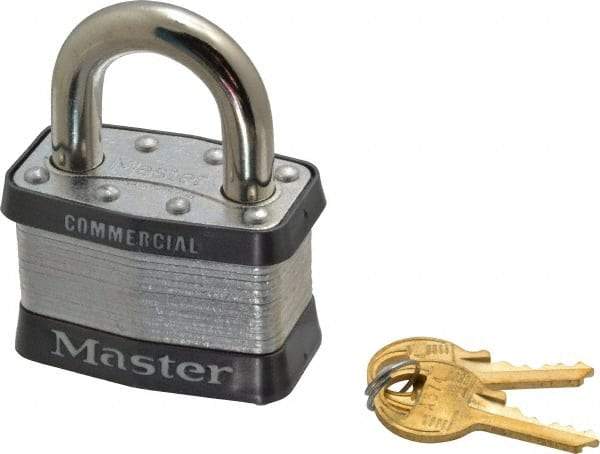 Master Lock - 1" Shackle Clearance, Keyed Different Padlock - 15/16" Shackle Width, 3/8" Shackle Diam, Laminated Steel - Caliber Tooling