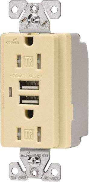 Cooper Wiring Devices - 2 USB Port, 2 Receptacle, 125 VAC, 5 VDC USB Receptacle - 5-15R NEMA Configuration, 15 Amp, Ivory, 2.1 Amp Charging Power, Automatic Grounding, Screw Mount - Caliber Tooling