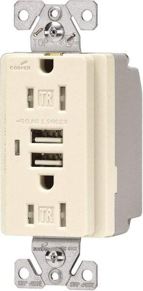 Cooper Wiring Devices - 2 USB Port, 2 Receptacle, 125 VAC, 5 VDC USB Receptacle - 5-15R NEMA Configuration, 15 Amp, Light Almond, 2.1 Amp Charging Power, Automatic Grounding, Screw Mount - Caliber Tooling