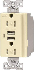 Cooper Wiring Devices - 2 USB Port, 2 Receptacle, 125 VAC, 5 VDC USB Receptacle - 5-15R NEMA Configuration, 15 Amp, Almond, 2.1 Amp Charging Power, Automatic Grounding, Screw Mount - Caliber Tooling