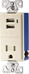 Cooper Wiring Devices - 2 USB Port, 1 Receptacle, 125 VAC, 5 VDC USB Receptacle - 5-15R NEMA Configuration, 15 Amp, Light Almond, Screw Mount - Caliber Tooling