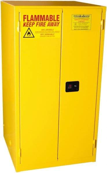 PRO-SAFE - 2 Door, 2 Shelf, Yellow Steel Standard Safety Cabinet for Flammable and Combustible Liquids - 65" High x 34" Wide x 34" Deep, Manual Closing Door, 3 Point Key Lock, 60 Gal Capacity - Caliber Tooling