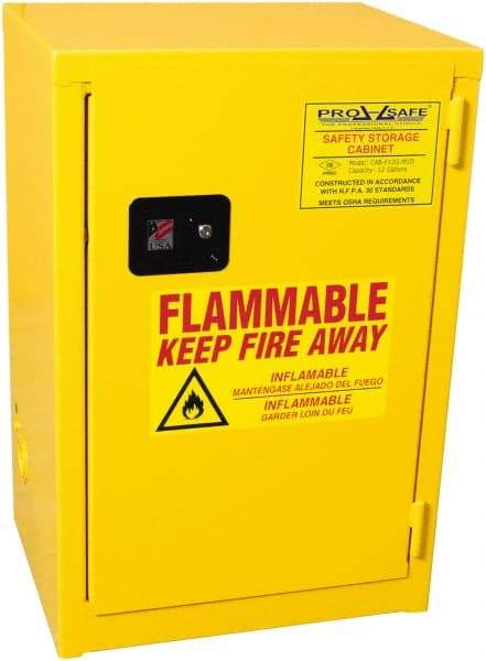 PRO-SAFE - 1 Door, 1 Shelf, Yellow Steel Space Saver Safety Cabinet for Flammable and Combustible Liquids - 35" High x 23" Wide x 18" Deep, Manual Closing Door, 3 Point Key Lock, 12 Gal Capacity - Caliber Tooling