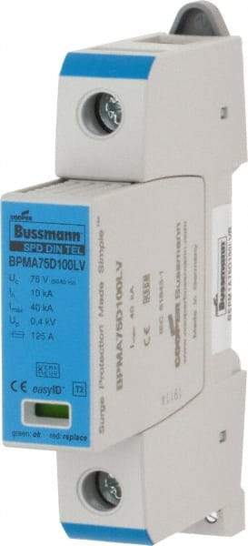 Cooper Bussmann - 1 Pole, 1 Phase, 10 kA Nominal Current, 90mm Long x 18mm Wide x 65mm Deep, Thermoplastic Hardwired Surge Protector - DIN Rail Mount, 100 VDC, 75 VAC, 100 VDC, 75 VAC Operating Voltage, 40 kA Surge Protection - Caliber Tooling