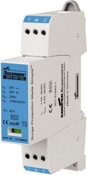 Cooper Bussmann - 2 Pole, 1 Phase, 1 kA Nominal Current, 90mm Long x 18mm Wide x 66mm Deep, Thermoplastic Hardwired Surge Protector - DIN Rail Mount, 24 VAC/VDC, 30 VAC/VDC Operating Voltage, 30 kA Surge Protection - Caliber Tooling