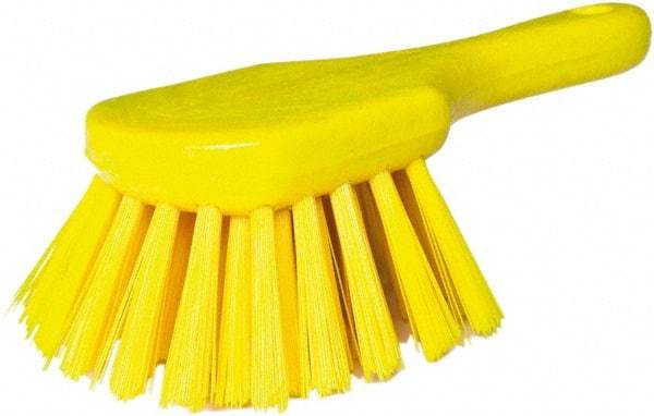 PRO-SOURCE - 1-3/4" Bristle Length, Plastic Utility Scrub Brush - 4-1/2" Long x 3-3/4" Wide Head, 8-1/2" OAL, Short Handle, Yellow, Foam Block - Caliber Tooling