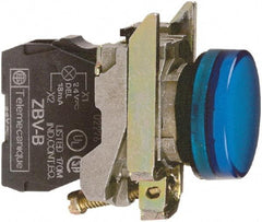 Square D - 110-120 VAC Blue Lens LED Indicating Light - Round Lens, Screw Clamp Connector, 46.5mm OAL x 30mm Wide, Shock Resistant, Vibration Resistant - Caliber Tooling