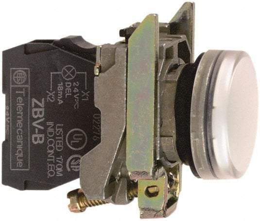 Square D - 24 VAC/VDC White Lens LED Indicating Light - Round Lens, Screw Clamp Connector, 46.5mm OAL x 30mm Wide, Shock Resistant, Vibration Resistant - Caliber Tooling