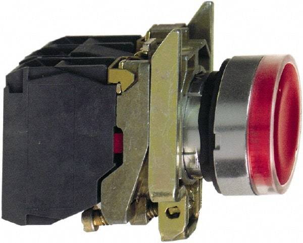 Schneider Electric - 22mm Mount Hole, Flush, Pushbutton Switch with Contact Block - Round, Red Pushbutton, Illuminated, Momentary (MO) - Caliber Tooling