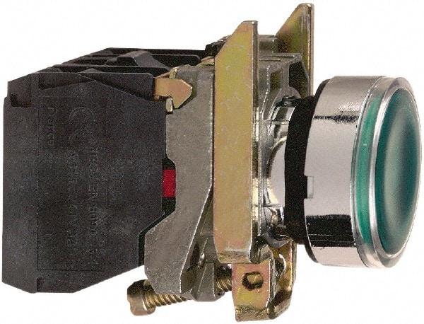 Square D - 0.87 Inch Mount Hole, Flush, Pushbutton Switch Only - Round, Green Pushbutton, Illuminated, Momentary (MO), Shock and Vibration Resistant - Caliber Tooling