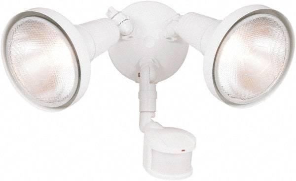 Cooper Lighting - 2 Head, 70 Ft. Detection, 180° Angle, PAR Lamp Motion Sensing Light Fixture - 120 Volt, 300 Watt, Metal White Housing, Wall, Eave Mounted - Caliber Tooling