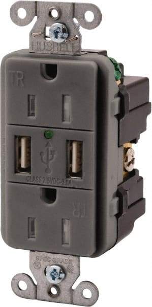 Hubbell Wiring Device-Kellems - 2 USB Port, 2 Receptacle, 125 VAC, 5 VDC USB Receptacle - 5-15R NEMA Configuration, 15 Amp, Gray, 3.8 Amp Charging Power, LED Indicator Light - Caliber Tooling