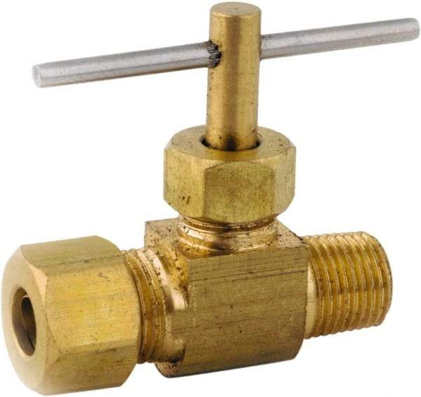 ANDERSON METALS - 1/4 x 1/8" Pipe, Inline Metal Seat Needle Valve - Brass Seal, Compression x MIP Ends, Lead Free Brass Valve, 150 Max psi - Caliber Tooling