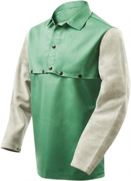 Steiner - Size 4XL, 19" Long, Flame Resistant, Cape Sleeves & Bib - Cotton & Leather, 9 oz, Green & Gray - Caliber Tooling