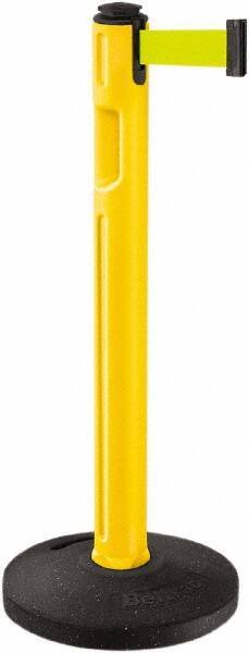 Lavi Industries - 38-1/4" High, 3-1/4" Pole Diam, Stanchion - 16" Base Diam, Dome Recycled Rubber Base, Yellow Plastic Post, 12' x 2" Tape, Single Line Tape, For Outdoor Use - Caliber Tooling