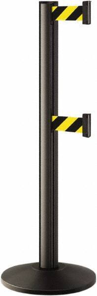 Lavi Industries - 40" High, 2-3/4" Pole Diam, Stanchion - 14" Base Diam, Dome Cast Iron Base, Black Aluminum Post, 7' x 2" Tape, Single Line Tape - Caliber Tooling