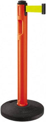 Lavi Industries - 38-1/4" High, 3-1/4" Pole Diam, Stanchion - 16" Base Diam, Dome Recycled Rubber Base, Orange Plastic Post, 12' x 2" Tape, Single Line Tape, For Outdoor Use - Caliber Tooling