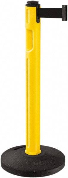 Lavi Industries - 38-1/4" High, 3-1/4" Pole Diam, Stanchion - 16" Base Diam, Dome Recycled Rubber Base, Yellow Plastic Post, 12' x 2" Tape, Single Line Tape, For Outdoor Use - Caliber Tooling