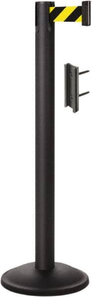 Lavi Industries - 38-1/2" High, 2-3/4" Pole Diam, Stanchion - 12-1/2" Base Diam, Round Steel Base, Black Steel Post, 7' x 2" Tape, Single Line Tape - Caliber Tooling