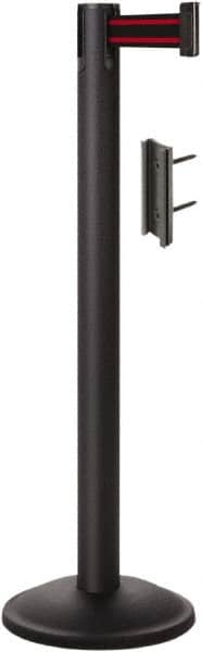 Lavi Industries - 38-1/2" High, 2-3/4" Pole Diam, Stanchion - 12-1/2" Base Diam, Round Steel Base, Black Steel Post, 7' x 2" Tape, Single Line Tape - Caliber Tooling