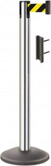 Lavi Industries - 38-1/2" High, 2-3/4" Pole Diam, Stanchion - 12-1/2" Base Diam, Round Steel Base, Polished Chrome (Color) Steel Post, 7' x 2" Tape, Single Line Tape - Caliber Tooling